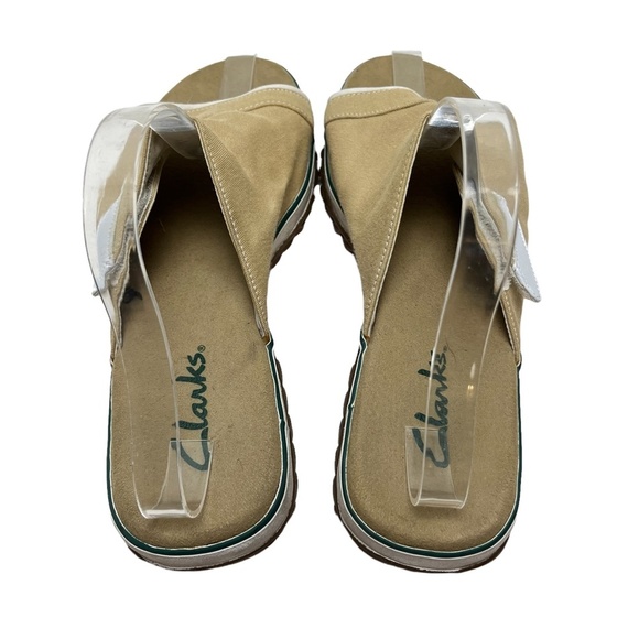 CLARKS Beige Tan White Canvas Slides Flip Flops Neutral Shoes Flats Casual sz 9 - Picture 7 of 16